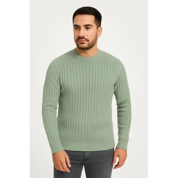 Erkek Bisiklet Yuvarlak Yaka Triko Kazak Pamuklu Kalın Fitilli Dokuma, Regular Fit Uzun Kollu Kışlık Model - Mint Yeşili