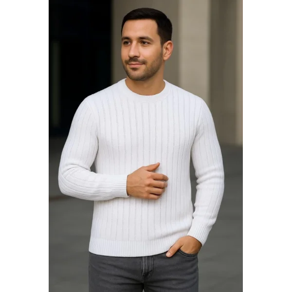 Erkek Bisiklet Yuvarlak Yaka Triko Kazak Pamuklu Kalın Fitilli Dokuma, Regular Fit Uzun Kollu Kışlık Model - Beyaz