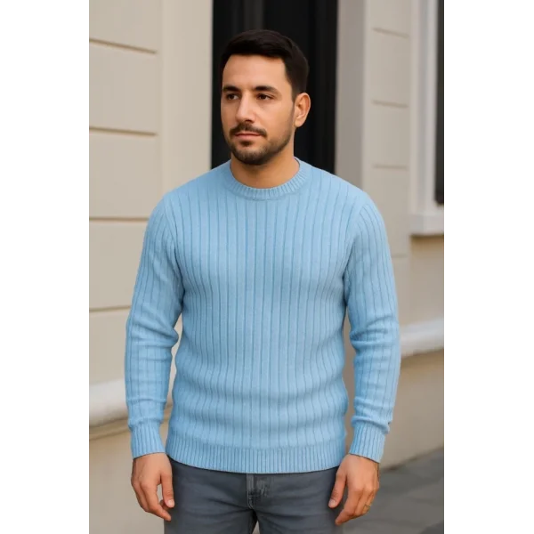 Erkek Bisiklet Yuvarlak Yaka Triko Kazak Pamuklu Kalın Fitilli Dokuma, Regular Fit Uzun Kollu Kışlık Model - Bebe Mavisi