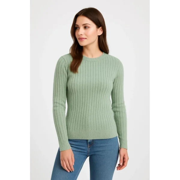 Erkek Bisiklet Yuvarlak Yaka Triko Kazak Pamuklu Kalın Fitilli Dokuma, Regular Fit Uzun Kollu Kışlık Model - Mint Yeşili