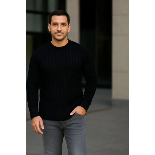 Erkek Bisiklet Yuvarlak Yaka Triko Kazak Pamuklu Kalın Fitilli Dokuma, Regular Fit Uzun Kollu Kışlık Model - Siyah