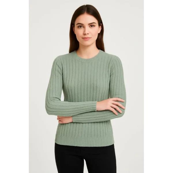 Erkek Bisiklet Yuvarlak Yaka Triko Kazak Pamuklu Kalın Fitilli Dokuma, Regular Fit Uzun Kollu Kışlık Model - Mint Yeşili