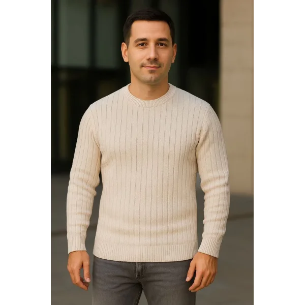 Erkek Bisiklet Yuvarlak Yaka Triko Kazak Pamuklu Kalın Fitilli Dokuma, Regular Fit Uzun Kollu Kışlık Model - Bej