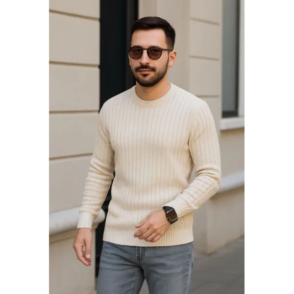 Erkek Bisiklet Yuvarlak Yaka Triko Kazak Pamuklu Kalın Fitilli Dokuma, Regular Fit Uzun Kollu Kışlık Model - Bej