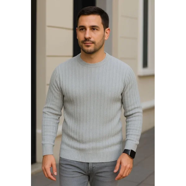 Erkek Bisiklet Yuvarlak Yaka Triko Kazak Pamuklu Kalın Fitilli Dokuma, Regular Fit Uzun Kollu Kışlık Model - Gri