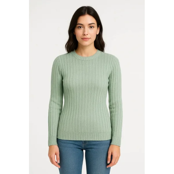 Erkek Bisiklet Yuvarlak Yaka Triko Kazak Pamuklu Kalın Fitilli Dokuma, Regular Fit Uzun Kollu Kışlık Model - Mint Yeşili