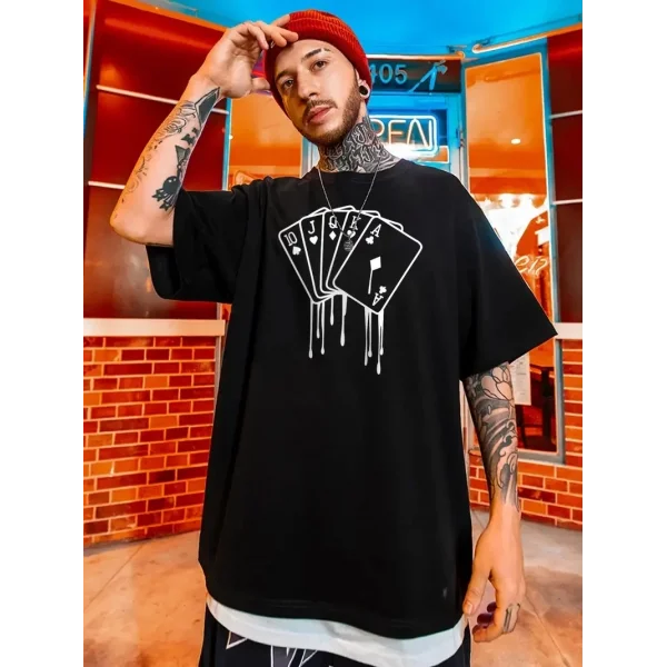 erkek büyük beden Kart baskılı düz renk kısa kollu bisiklet yaka tişört gündelik giyim - Siyah