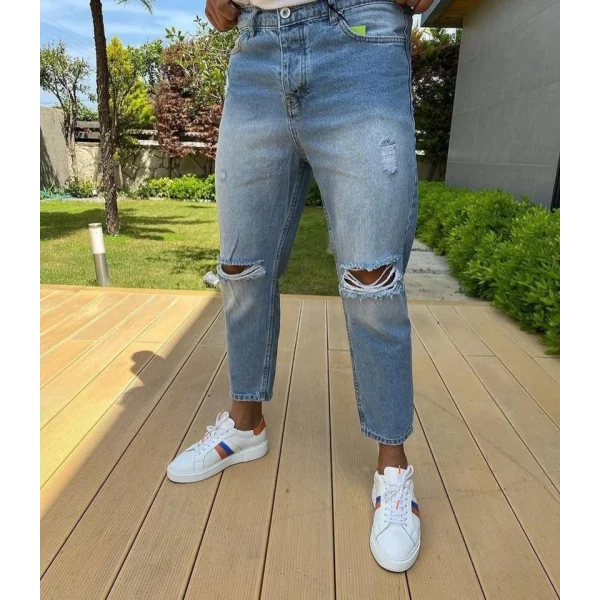 Erkek Buz Mavi Boyfriend Yırtık Detaylı Jean