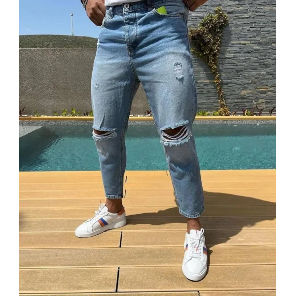 Erkek Buz Mavi Boyfriend Yırtık Detaylı Jean