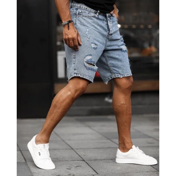 Erkek Buz Mavi Yırtık Detaylı Kot Şort