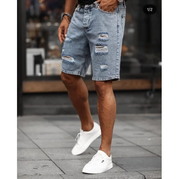 Erkek Buz Mavi Yırtık Detaylı Kot Şort