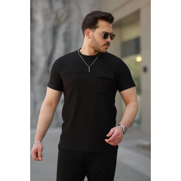 Erkek Cepli Kolyeli Kısa Kollu örme Kumaş T-shirt