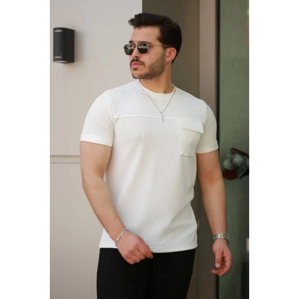 Erkek Cepli Kolyeli Kısa Kollu örme Kumaş T-shirt