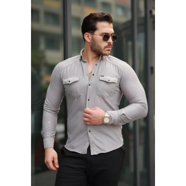 Erkek çift Cepli çıtçıt Düğmeli Uzun Kollu Gömlek