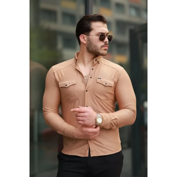 Erkek çift Cepli çıtçıt Düğmeli Uzun Kollu Gömlek