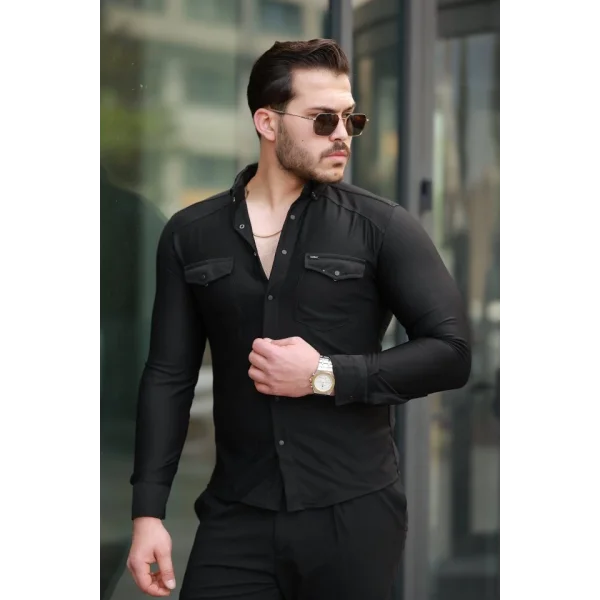 Erkek çift Cepli çıtçıt Düğmeli Uzun Kollu Gömlek