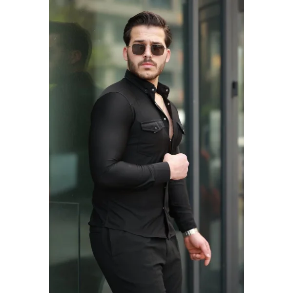 Erkek çift Cepli çıtçıt Düğmeli Uzun Kollu Gömlek