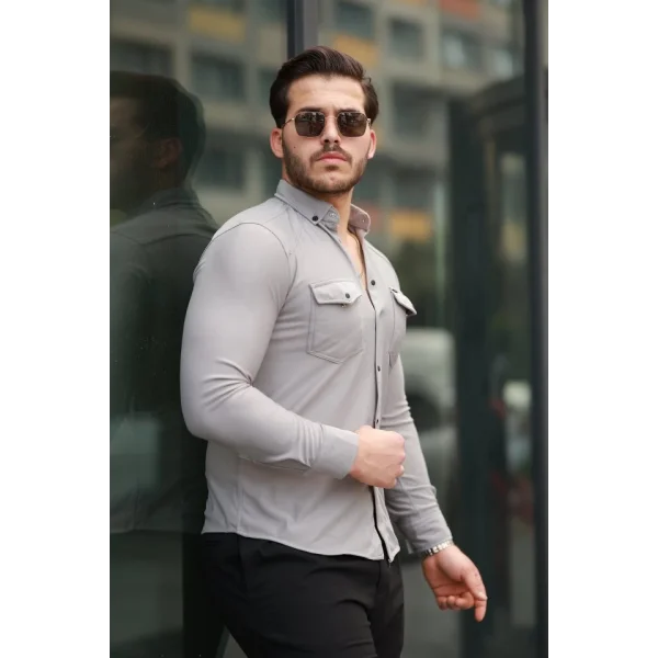 Erkek çift Cepli çıtçıt Düğmeli Uzun Kollu Gömlek