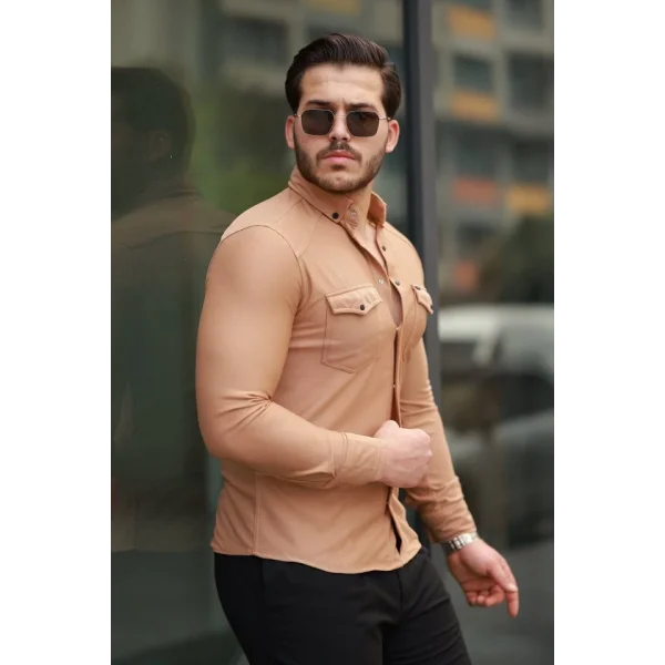 Erkek çift Cepli çıtçıt Düğmeli Uzun Kollu Gömlek
