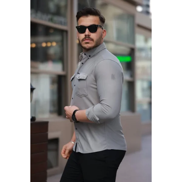 Erkek çift Cepli çıtçıt Düğmeli Uzun Kollu Gömlek
