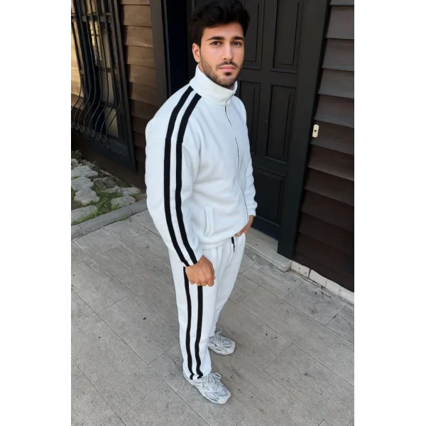 Erkek Çift Şeritli Eşofman Takım Dik Yaka Fermuarlı Sweatshirt Boru Paça Alt, Oversize 3 Iplik Pamuklu - Beyaz