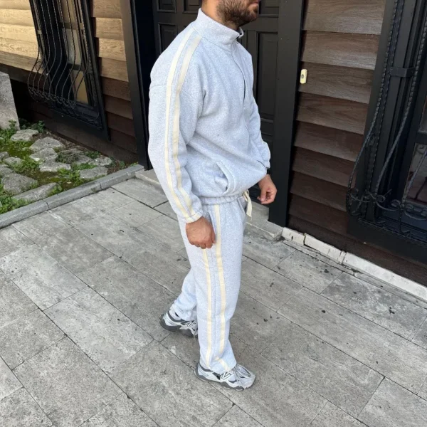 Erkek Çift Şeritli Eşofman Takım Dik Yaka Fermuarlı Sweatshirt Boru Paça Alt, Oversize 3 iplik Pamuklu - Gri