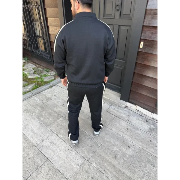 Erkek Çift Şeritli Eşofman Takım Dik Yaka Fermuarlı Sweatshirt Boru Paça Alt, Oversize 3 iplik Pamuklu - Siyah