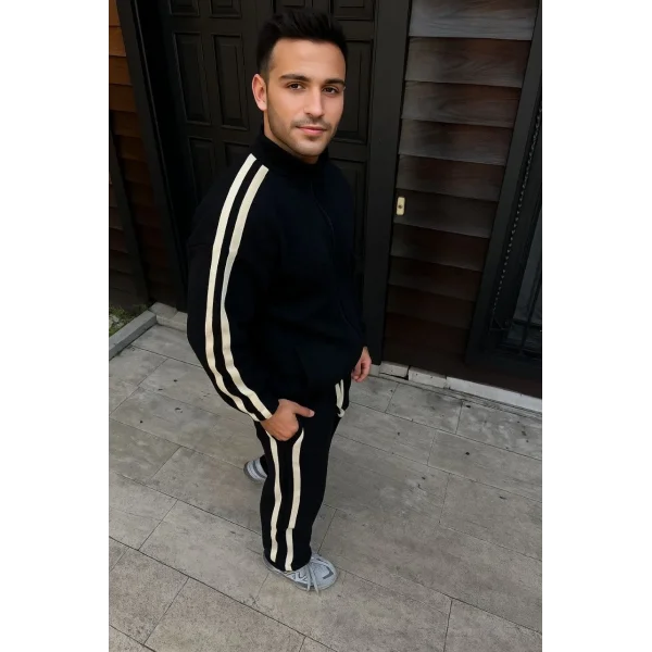 Erkek Çift Şeritli Eşofman Takım Dik Yaka Fermuarlı Sweatshirt Boru Paça Alt, Oversize 3 iplik Pamuklu - Siyah