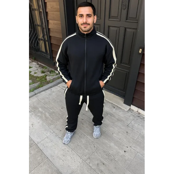 Erkek Çift Şeritli Eşofman Takım Dik Yaka Fermuarlı Sweatshirt Boru Paça Alt, Oversize 3 iplik Pamuklu - Siyah