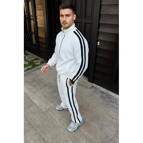 Erkek Çift Şeritli Eşofman Takım Dik Yaka Fermuarlı Sweatshirt Boru Paça Alt, Oversize 3 iplik Pamuklu - Beyaz
