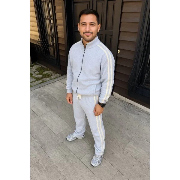 Erkek Çift Şeritli Eşofman Takım Dik Yaka Fermuarlı Sweatshirt Boru Paça Alt, Oversize 3 iplik Pamuklu - Gri