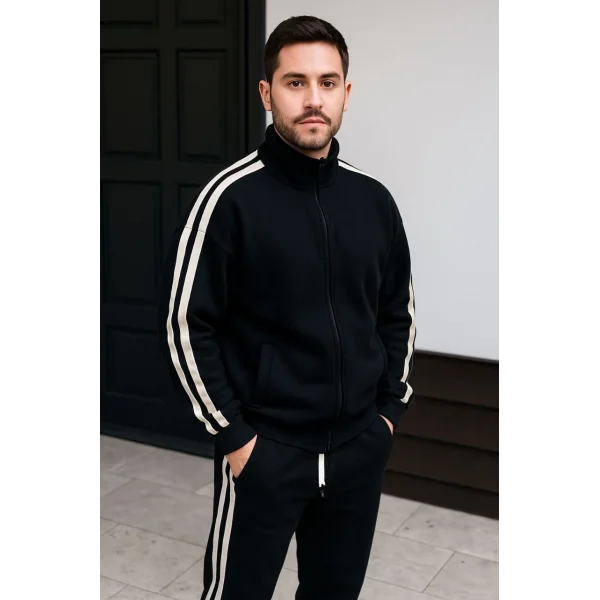 Erkek Çift Şeritli Eşofman Takım Dik Yaka Fermuarlı Sweatshirt Boru Paça Alt, Oversize 3 iplik Pamuklu - Siyah