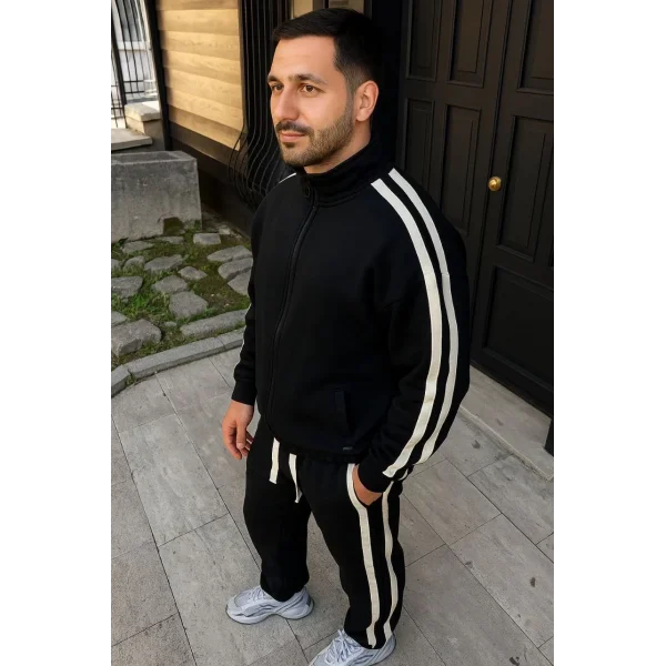 Erkek Çift Şeritli Eşofman Takım Dik Yaka Fermuarlı Sweatshirt Boru Paça Alt, Oversize 3 iplik Pamuklu - Siyah