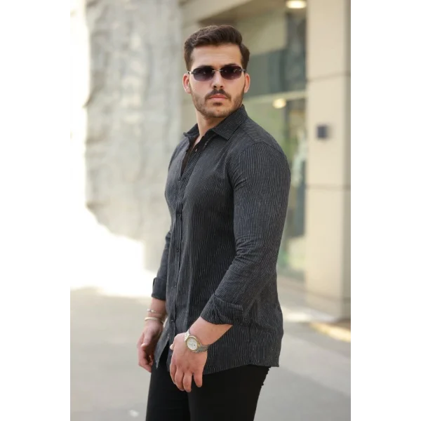 Erkek çizgi Desenli Uzun Kollu Pamuklu Keten Gömlek