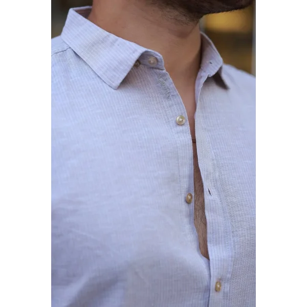 Erkek çizgi Desenli Uzun Kollu Pamuklu Keten Gömlek