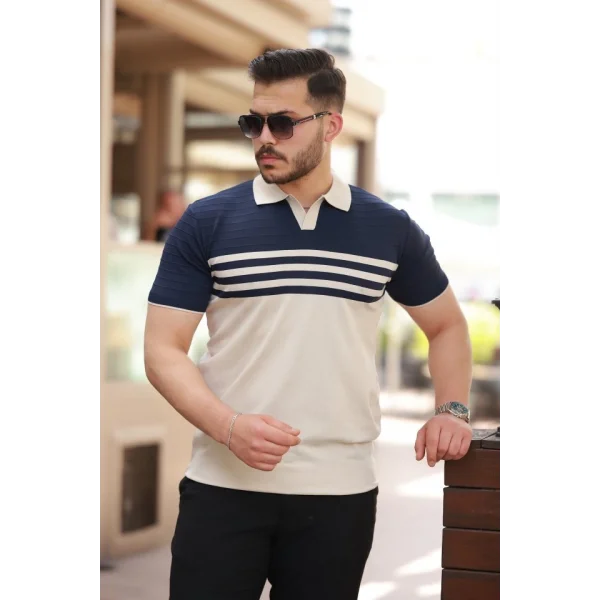 Erkek çizgi Desenli Yakalı Kısa Kollu T-shirt