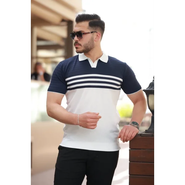 Erkek çizgi Desenli Yakalı Kısa Kollu T-shirt