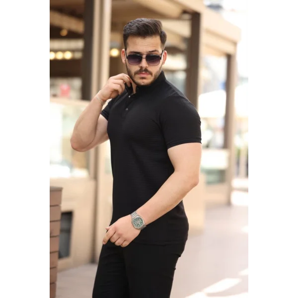 Erkek çizgi Dokulu çıtçıt Yakalı Kısa Kollu T-shirt