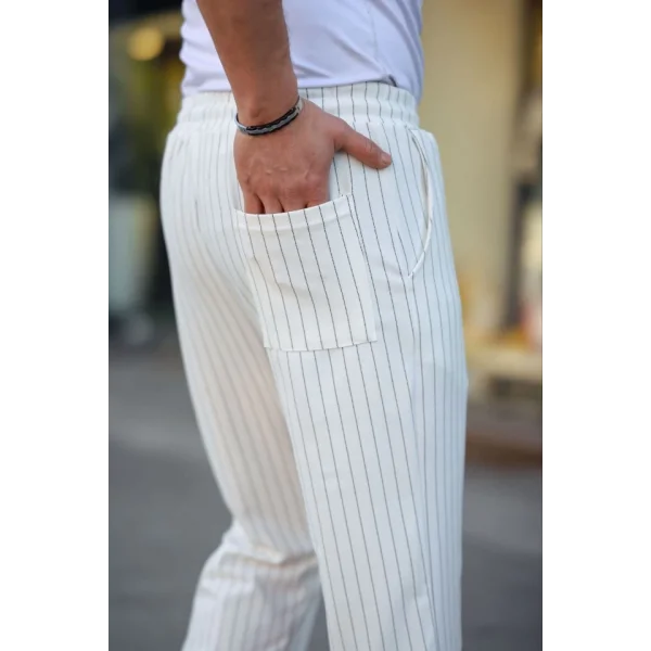 Erkek Cizgili Dokuma Krep Jogger Buggy Pantalon Rahat Kalıp - Beyaz