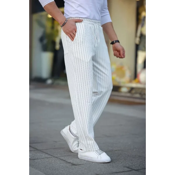 Erkek Cizgili Dokuma Krep Jogger Buggy Pantalon Rahat kalıp - Beyaz