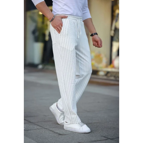 Erkek Cizgili Dokuma Krep Jogger Buggy Pantalon Rahat Kalıp - Beyaz
