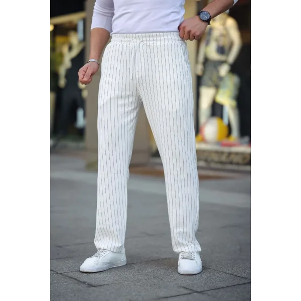 Erkek Cizgili Dokuma Krep Jogger Buggy Pantalon Rahat kalıp - Beyaz