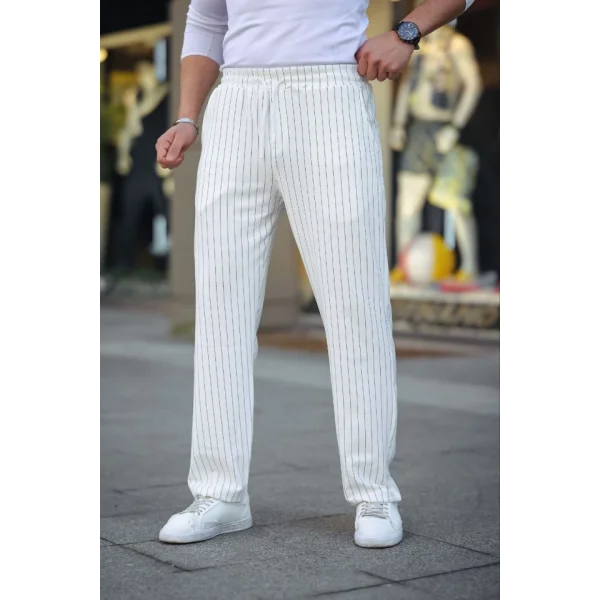 Erkek Cizgili Dokuma Krep Jogger Buggy Pantalon Rahat Kalıp - Beyaz