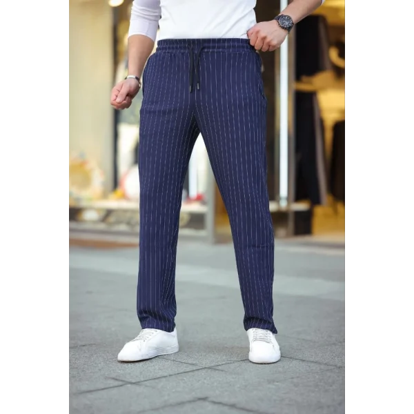 Erkek Cizgili Dokuma Krep Jogger Buggy Pantalon Rahat Kalıp - Lacivert