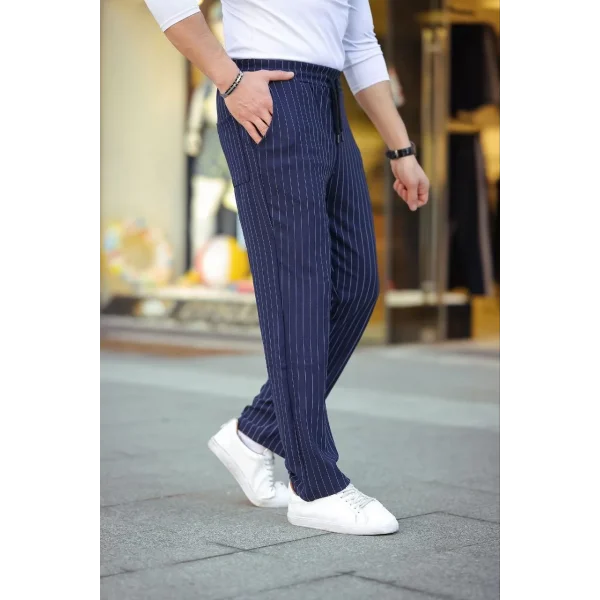 Erkek Cizgili Dokuma Krep Jogger Buggy Pantalon Rahat kalıp - Lacivert