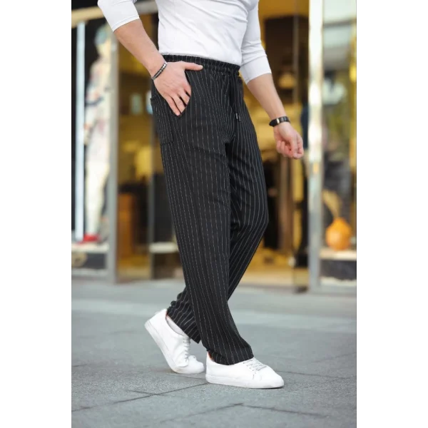 Erkek Cizgili Dokuma Krep Jogger Buggy Pantalon Rahat Kalıp - Siyah