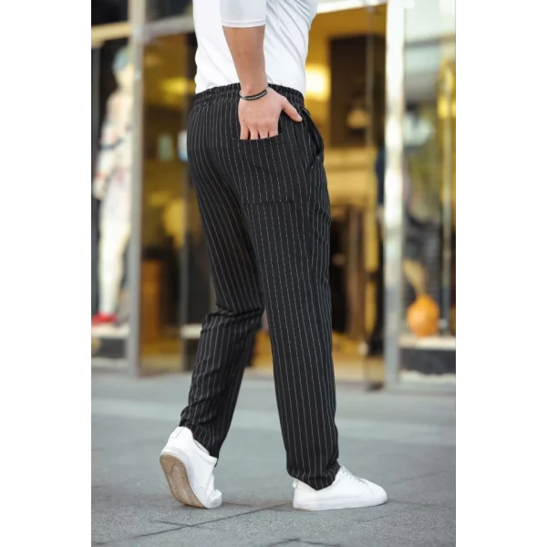 Erkek Cizgili Dokuma Krep Jogger Buggy Pantalon Rahat Kalıp - Siyah