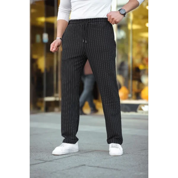 Erkek Cizgili Dokuma Krep Jogger Buggy Pantalon Rahat Kalıp - Siyah