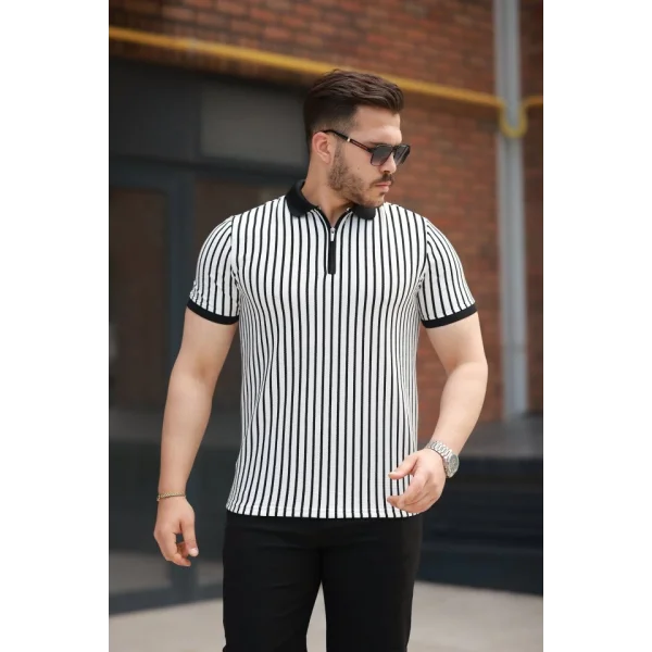 Erkek çizgili Fermuar Yakalı Kısa Kollu Tişört