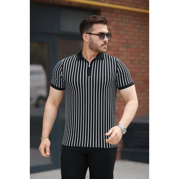 Erkek çizgili Fermuar Yakalı Kısa Kollu Tişört